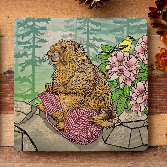 Knitting Marmot Wood Coaster