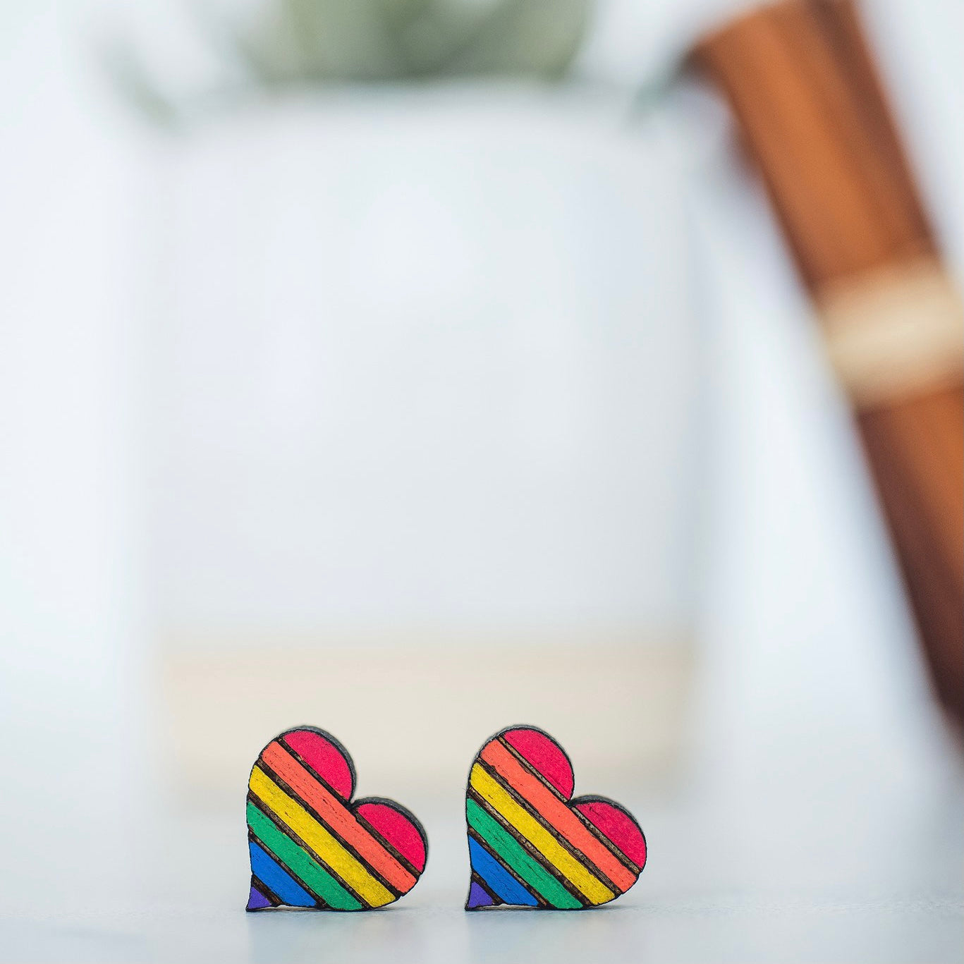 Hand Painted Rainbow Heart Wood Earrings